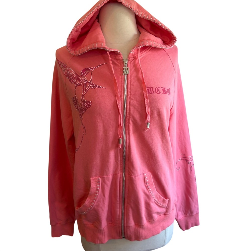 Bebe Pink Rhinestone Hummingbird Zip‎ Up Hoodie XL Y2K McBling Gothic Logo